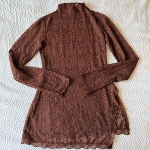 Ownley Women S Brown Whimsigoth Floral Lace Mock Neck Long Sleeve Top Side Slit